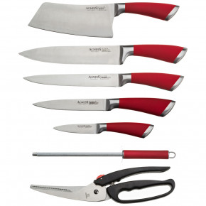Набор кухонных ножей 8 предметов /пластиковая подставка /красные силиконовые ручки "Agness" / 195918